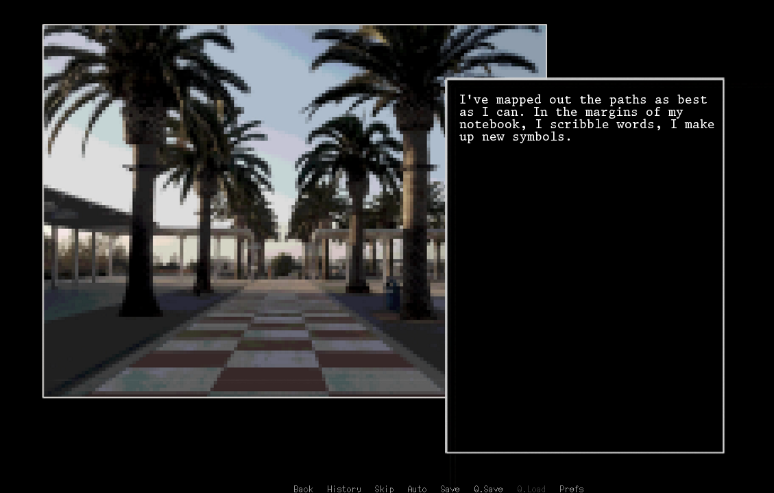 a screenshot from 'labyrinths' by lotus: an image of a palm tree-lined path at sunset, with a textbox to the side that says: 'I've mapped out the paths as best as I can. In the margins of my notebook, I scribble words, I make up new symbols.'