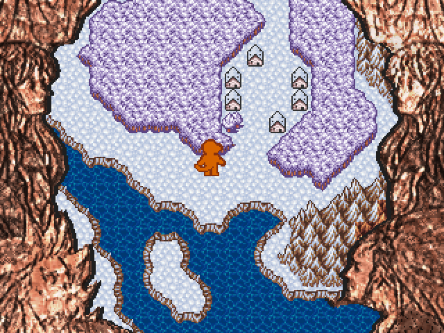 a screenshot from 'pangeas error' by sraeka-lillian: a topdown perspective of an rpg overworld showing forests and mountains all covered in snow, and a river running along the bottom of the screen. a village of white-roofed houses sits tucked between the forests. in the center of the image, a reddish anthropomorphic cartoon lizard stands with their back to the camera, looking at the village.